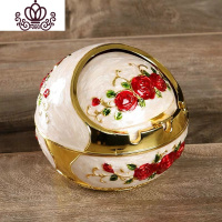封后欧式复古金属材质锌合金球形带盖卧室可爱烟灰缸时尚家居防风烟盅 金属金红玫瑰大号10x9cm