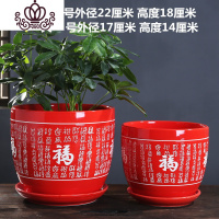 封后中国风大红花盆陶瓷大号带托盘特大号带福字喜庆创意绿萝花盆 百福具臻特大号大号各一个 大