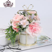 封后薇艺 陶瓷花盆INS风北欧创意简约花器金属落地式花架多肉植物盆景 栗雅粉含仿真花成品 中等