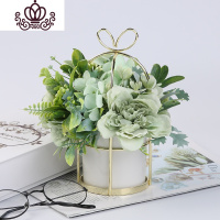 封后薇艺 陶瓷花盆INS风北欧创意简约花器金属落地式花架多肉植物盆景 栗雅绿含仿真花成品 中等