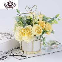 封后薇艺 陶瓷花盆INS风北欧创意简约花器金属落地式花架多肉植物盆景 栗雅黄含仿真花成品 中等花盆容器