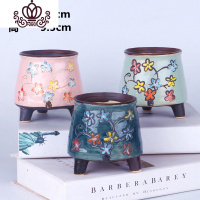 封后韩式手工手绘多肉植物陶瓷花盆拇指小老桩创意刻花高脚花盆 (3个)大号延禧E款(3色各一个) 小花盆容器