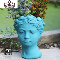 封后(FENGHOU)封后创意人像复古欧式艺术花瓶水泥头像花盆维纳斯希腊女神像摆件 浅蓝色 大花盆容器