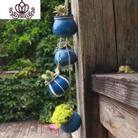 封后(FENGHOU)创意个性仿古悬挂式室内壁挂垂吊墙绿箩佛珠吊兰陶瓷多肉植物花盆 蓝色一套+麻绳+挂钩+多肉4花盆容器