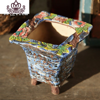 封后创意延熹手绘多肉花盆透气粗陶彩花个性造型群生大花盆 紫罗兰 大