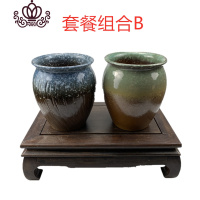 封后简约可爱组合园艺多肉老庄法师粗陶绿植矮瓷器透气肉肉小口径花盆 棕绿色棕蓝色SBB 小花盆容器