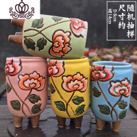 封后麦饭石花盆方款可爱透气粗陶田园桌面阳台大中小套组多肉花盆 褐色粗陶手绘一组4个 中等