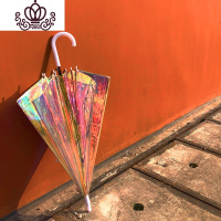 封后渐变镭射虹膜炫彩网红透明雨伞纤维防风骨彩虹伞PVC自动长柄伞