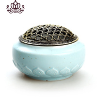 封后冰裂窑变香薰炉陶瓷佛具手工仿古合金薰香线香檀香沉香熏香炉礼品 莲瓣素陶天蓝香炉