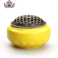 封后冰裂窑变香薰炉陶瓷佛具手工仿古合金薰香线香檀香沉香熏香炉礼品 莲瓣素陶明黄香炉