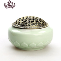 封后冰裂窑变香薰炉陶瓷佛具手工仿古合金薰香线香檀香沉香熏香炉礼品 莲瓣青瓷梅子青香炉