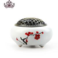 封后冰裂窑变香薰炉陶瓷佛具手工仿古合金薰香线香檀香沉香熏香炉礼品 手绘汝窑香炉红梅
