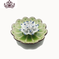 封后多款陶瓷莲花香插香炉线香盘香薰香座手工荷花花朵香熏香道点香器 冰裂绿花边蓝荷香薰灯炉/器具