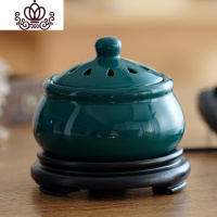 封后定时调温插电熏香炉 陶瓷香薰灯沉香炉檀香炉精油灯木粉屑家用盖 孔雀绿木底墨绿色香薰灯炉/器具