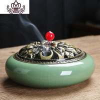 封后家用香炉陶瓷蚊香炉香薰炉大号檀香炉熏香茶道创意仿古蚊香架香插 圆足梅子青[合金盖]香薰灯炉/器具