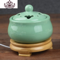 封后定时调温电子香薰炉 陶瓷檀香炉 沉香炉精油插电香薰灯木屑粉盖子 竹脚-绿瓷香薰灯炉/器具