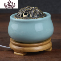 封后定时调温电子香薰炉 陶瓷檀香炉 沉香炉精油插电香薰灯木屑粉盖子 竹脚-蓝瓷(金属盖)香薰灯炉/器具