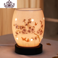 封后陶瓷香薰灯插电熏香灯精油灯卧室小夜灯镂空香熏炉调光香熏灯台灯 黑底座蓝樱花
