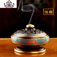 封后台湾纯铜檀香炉珐琅彩仿古景泰蓝莲花盘香檀香沉香熏香炉香具 蓝色小号铜盘香炉香薰灯炉/器具