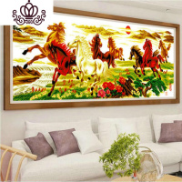 封后十字绣2020新款客厅线绣满绣大幅八匹马八骏图自己绣手工风景挂画 盒装[生态棉线]2.4米精准印花版