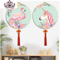 封后十字绣小幅北欧ins独角兽火烈鸟卡通动物玄关线绣2019新款自己绣 3个一套丝线+竹绷+中国结流苏