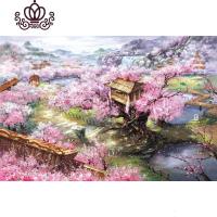 封后精准印花纯棉十字绣客厅卧室儿童房日本花卉风景油画 樱花山庄 14ct小格画格埃及纯棉线73*50cm