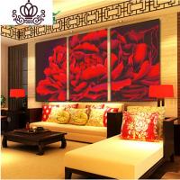封后(FENGHOU)精准印布红牡丹十字绣花开富贵牡丹花开三联客厅有钻石画 红牡丹大版一联170X90亮丽丝线精