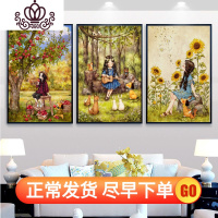 封后蒙娜丽莎十字绣卡通女孩三联画线绣新款简约现代客厅小幅卧室小件 吉他女孩中格53*72cm棉线