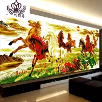封后八骏图十字绣2020新款绣大幅山水风景画客厅线绣马到成功八匹马 中格三股绣240*85cm多配30%线量