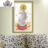 封后(FENGHOU)5D精准印布滴水观音十字绣坐莲观音十字绣莲花菩萨佛像有丝线 右下坐莲观音金光背景49X69棉线28