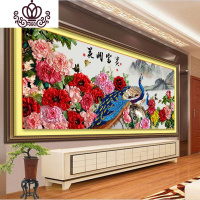 封后新款丝带绣挂画客厅大幅花开富贵孔雀牡丹图3D印花立体绣非十字绣 大版210X90CM送小花束+绣绷+剪刀+备用针