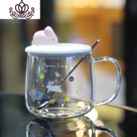 封后玻璃杯马克杯可爱带盖勺学生早餐牛奶杯韩版带把玻璃杯少女心杯子