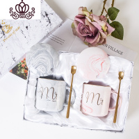 封后大理石纹陶瓷马克杯带盖勺男女学生情侣杯子款一对结婚伴手礼盒装