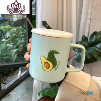 封后ins牛油果马克杯创意带盖勺把手杯子耐热学生家用早餐牛奶咖啡杯