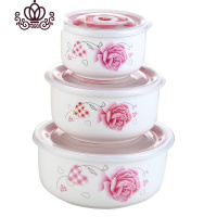 封后陶瓷保鲜碗三件套上班族带盖饭盒密封碗微波炉专用冰箱圆形保鲜盒 三件套+合板玫瑰朵花[送筷子和汤勺]