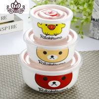 封后陶瓷保鲜碗三件套上班族带盖饭盒密封碗微波炉专用冰箱圆形保鲜盒 三件套+轻松熊朵花[送筷子和汤勺]