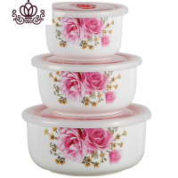 封后陶瓷保鲜碗三件套上班族带盖饭盒密封碗微波炉专用冰箱圆形保鲜盒 三件套+浪漫春天朵花[送筷子和汤勺]