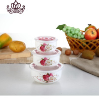 封后陶瓷保鲜碗三件套上班族带盖饭盒密封碗微波炉专用冰箱圆形保鲜盒 三件套+欧雅玫瑰朵花[送筷子和汤勺]