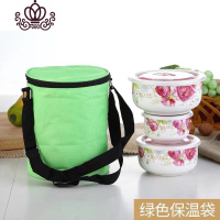 封后陶瓷保鲜碗三件套上班族带盖饭盒密封碗微波炉专用冰箱圆形保鲜盒 金丝玫瑰绿色保温袋加碗套装[送筷子和汤勺]