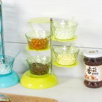 创意可旋转四层水晶透明调味盒 调料收纳盒 厨房用品调料盒 佐料罐 调料罐套装带勺子--透明蓝