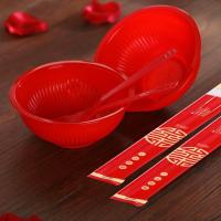 红碗红杯子一次性碗筷子婚宴婚礼道具婚庆用品塑料红勺喜碗-双喜临门筷子_一次性红碗_20只包