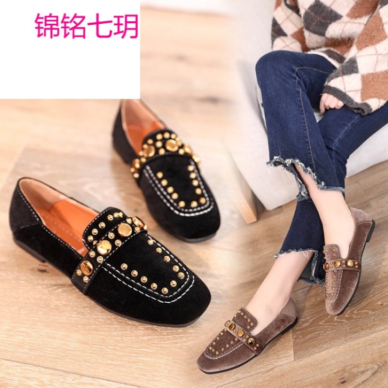 锦铭七玥女2018春季新款绒面单鞋舒适铆钉低帮鞋复古方头扣饰平底鞋