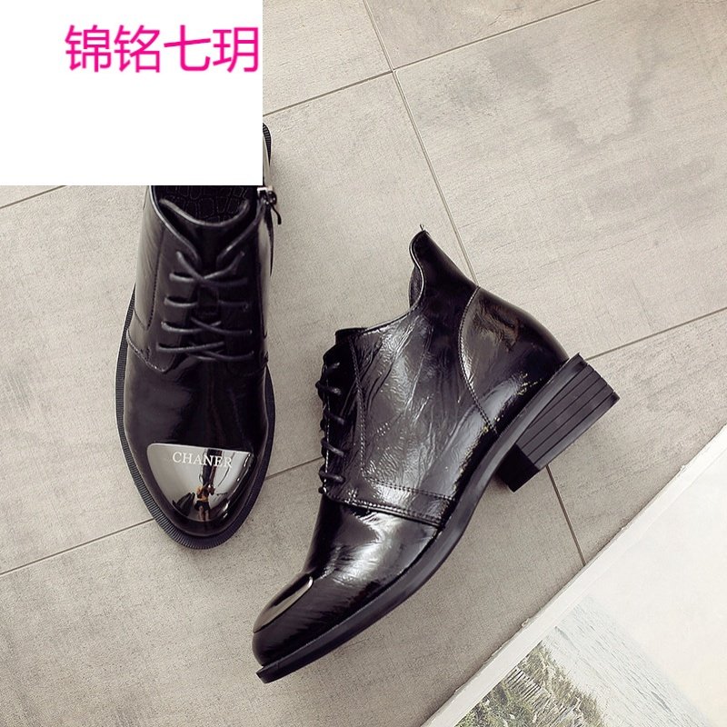 锦铭七玥女靴春季新款2018韩版百搭短靴女粗跟马丁靴女英伦低跟靴子小皮鞋