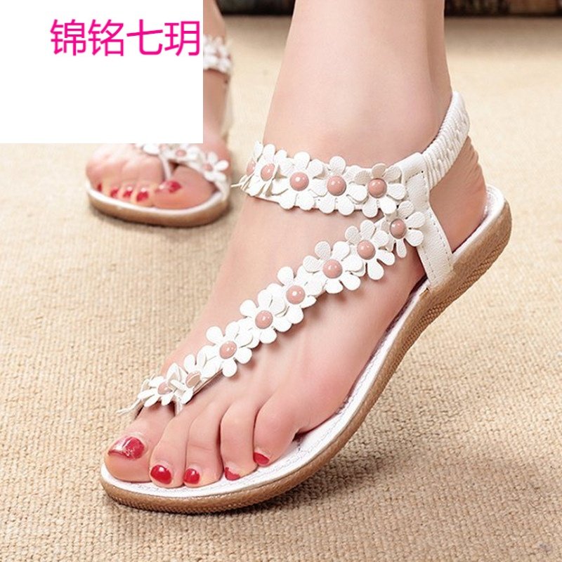 锦铭七玥2017夏季新款平跟女凉鞋 夹脚套趾碎花朵平底鞋韩版女凉鞋