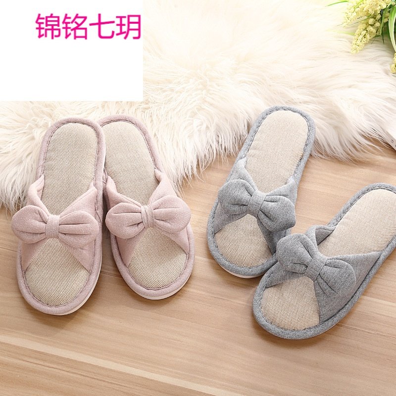 锦铭七玥蝴蝶结亚麻拖鞋女 日式居春秋夏季凉拖四季居防滑室内棉拖鞋