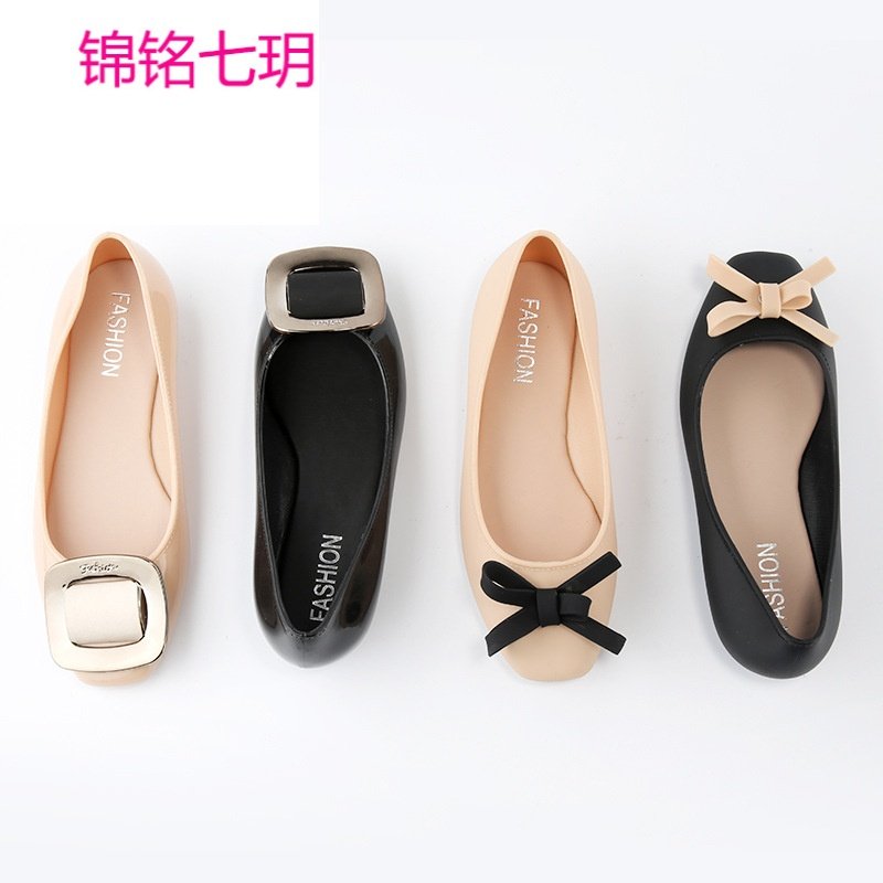 锦铭七玥韩版方头蝴蝶结金属扣包头平底单鞋防滑浅口平跟果冻女凉鞋