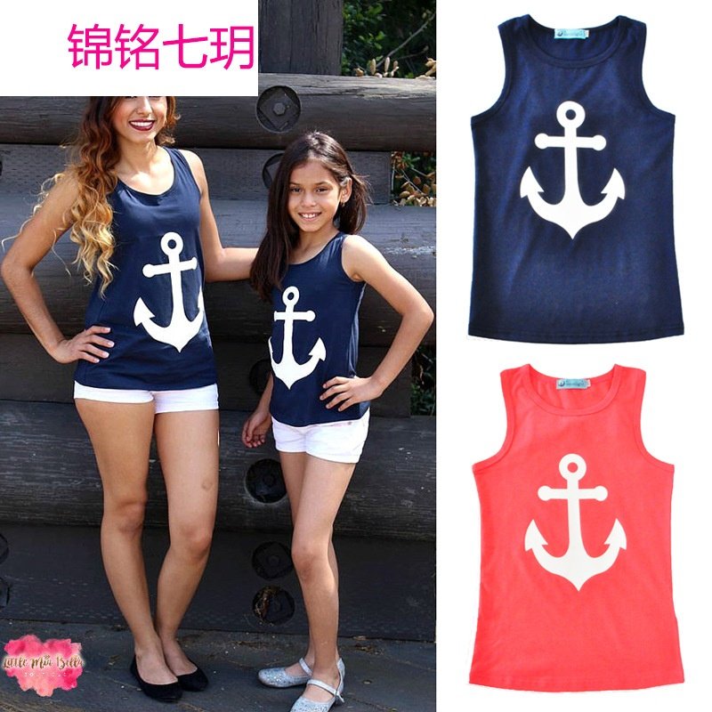 锦铭七玥儿童亲子装 母女装欧美夏季亲子装T恤船锚蝴蝶结无袖背心上衣外贸