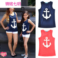 锦铭七玥儿童亲子装 母女装欧美夏季亲子装T恤船锚蝴蝶结无袖背心上衣外贸
