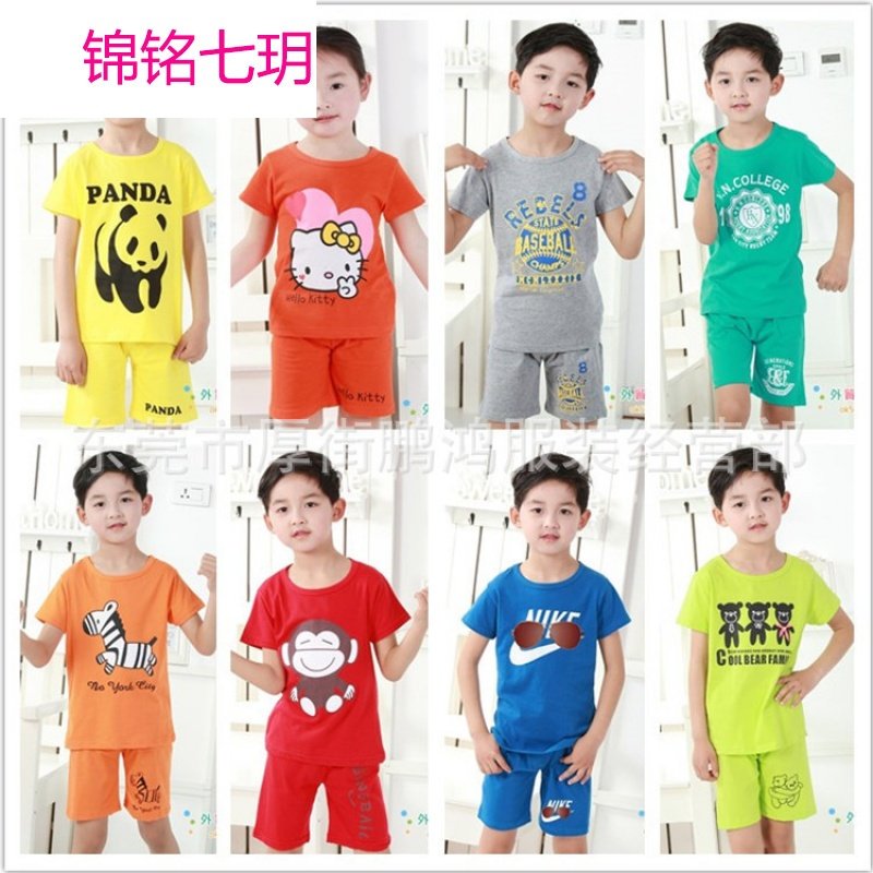 锦铭七玥热销爆款 童套装 外贸韩版卡通印花童装短袖套装 儿童T恤套装批发