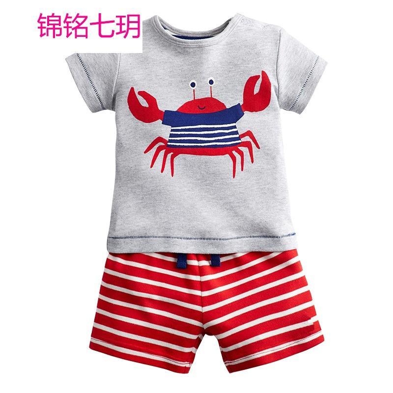 锦铭七玥欧美风格品牌童装批发 夏季新款儿童T恤套装 纯棉男童短袖童套装